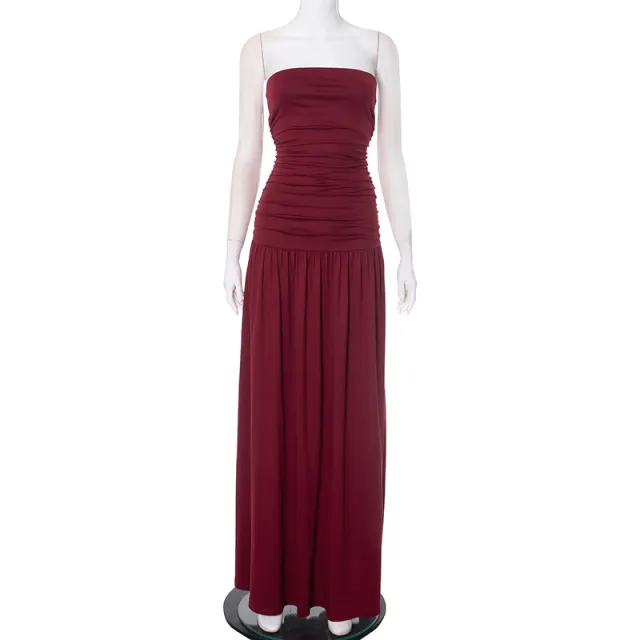 Women's Sleeveless Tube Top Pleated Long Dress Wine Red - Shop at LoveMi