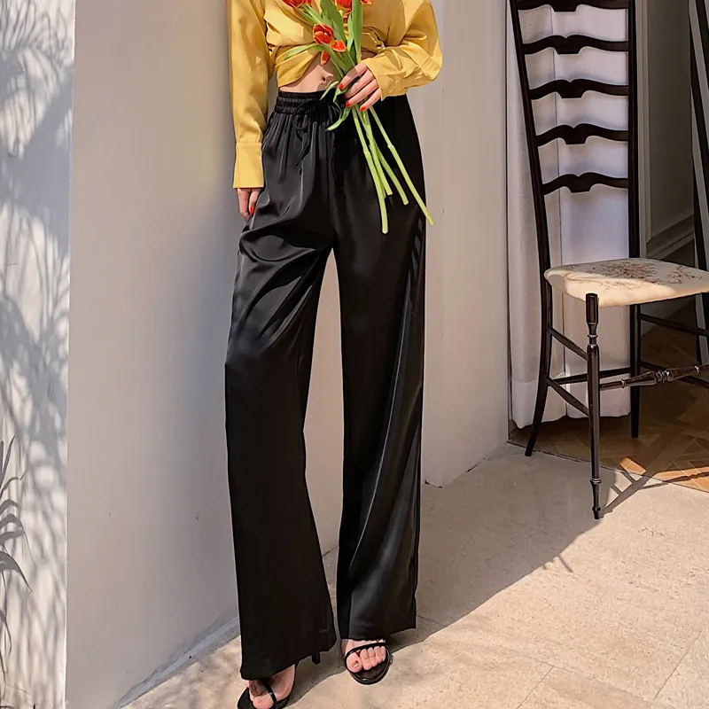 Acetate Wide-leg Pants Ice Silk Small High-grade Printing - Black