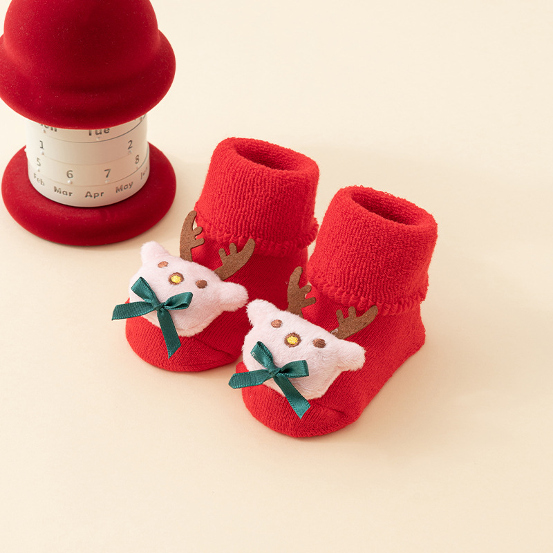 Babys Cozy Fleece-lined Thickened Pure-cotton Red Floor Socks For Fall And Winter