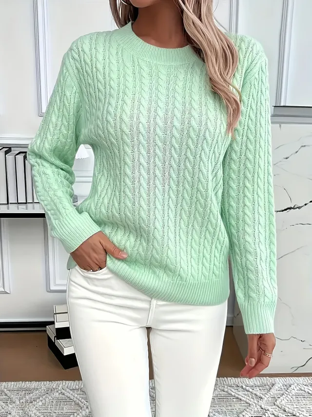 Ins Twist Round Neck Pullover Sweater Fashion Solid Color Long sleeved Knitted Top For Women Green - Shop at LoveMi