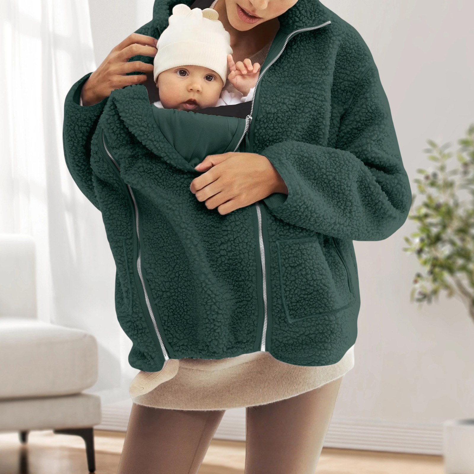 Cross-border Loose-fit Kangaroo-pocket Mother-and-child Solid-color Laid-back Lambswool Wool Coat
