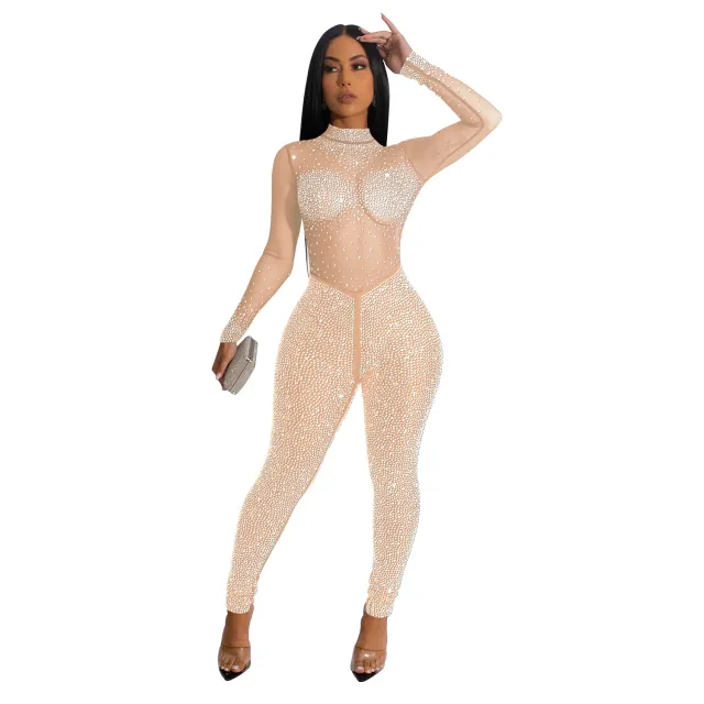 Fashion Women's Pure Color Mesh Hot Drilling Long Sleeve Jumpsuit C6203 Apricot - Shop at LoveMi