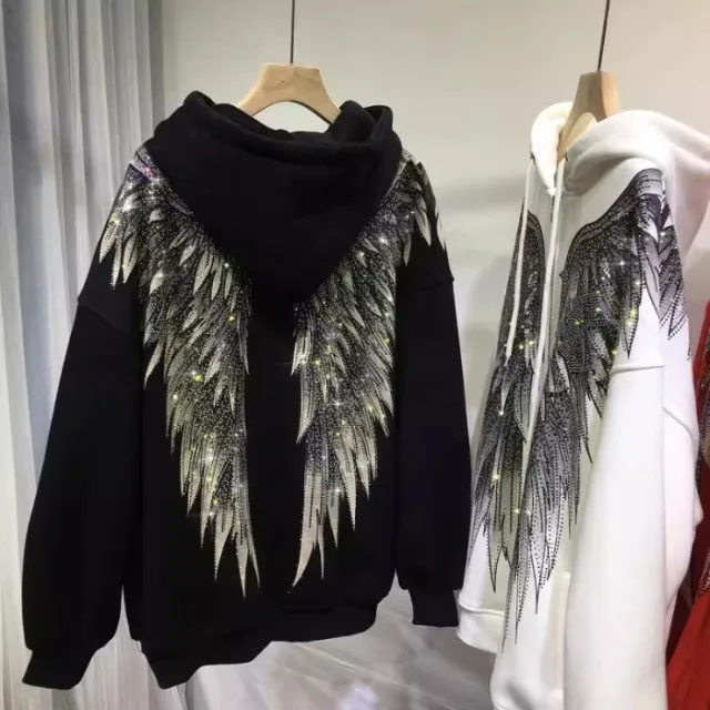 Heavy Embroidery Hot Drilling Light Luxury Front And Rear Wings Hooded Fleece Padded Coat Sweater Black - Shop at LoveMi