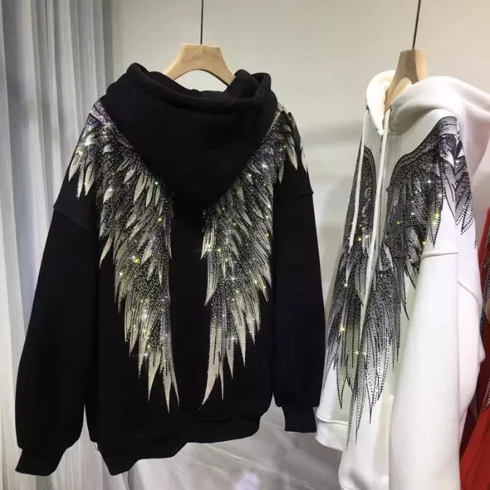 Heavy Embroidery Hot Drilling Light Luxury Front And Rear Wings Hooded Fleece Padded Coat Sweater - Black