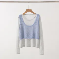 New Design Sense Stitching Fake Two-piece Knitted Sweaters Women - Grey Plus Blue - View 1