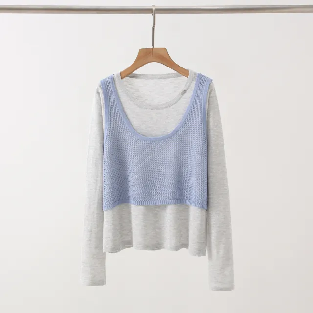 New Design Sense Stitching Fake Two piece Knitted Sweaters Women Gray Plus Blue - Shop at LoveMi