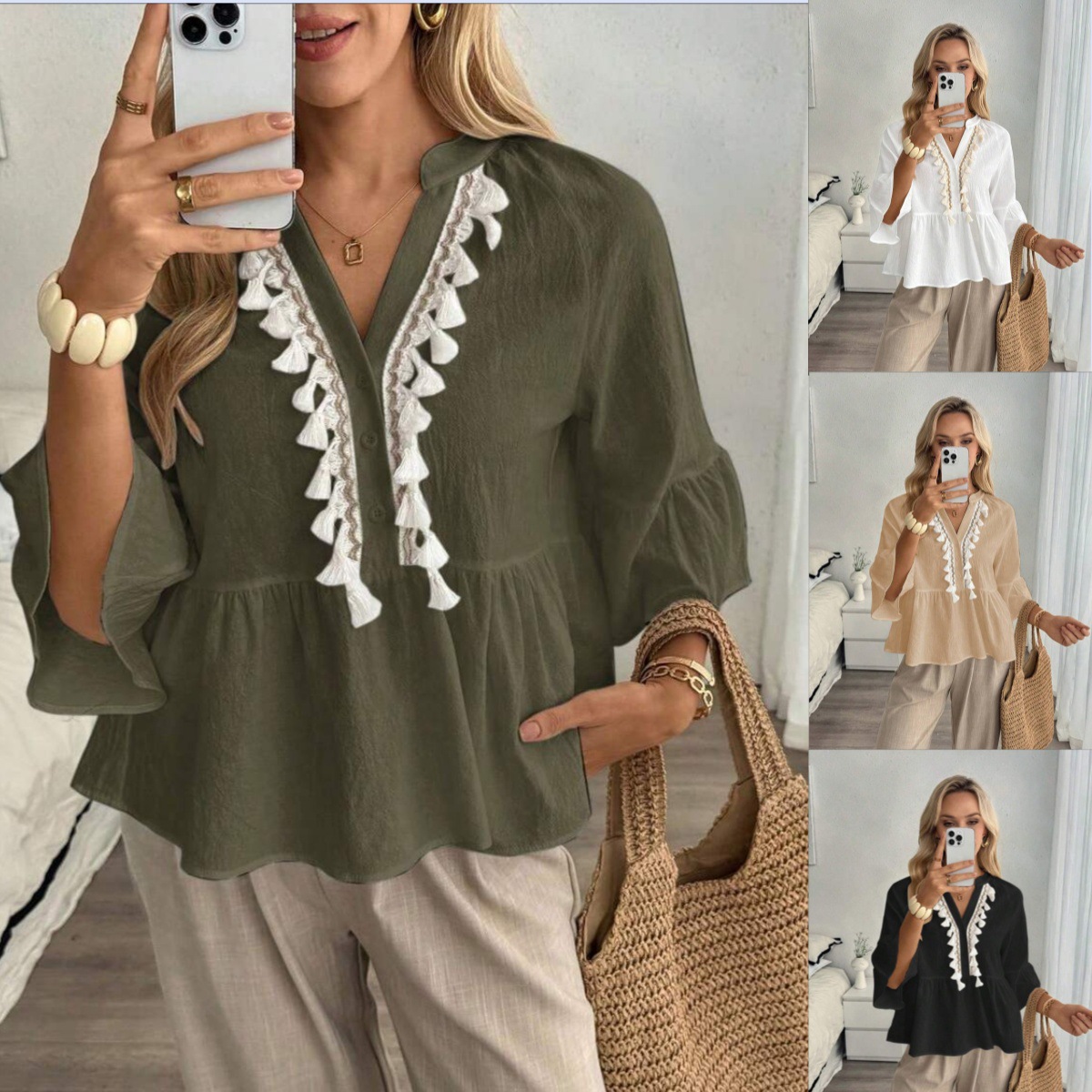 Summer Solid-color V-neck Top With Buttons And Tie-up Tassels