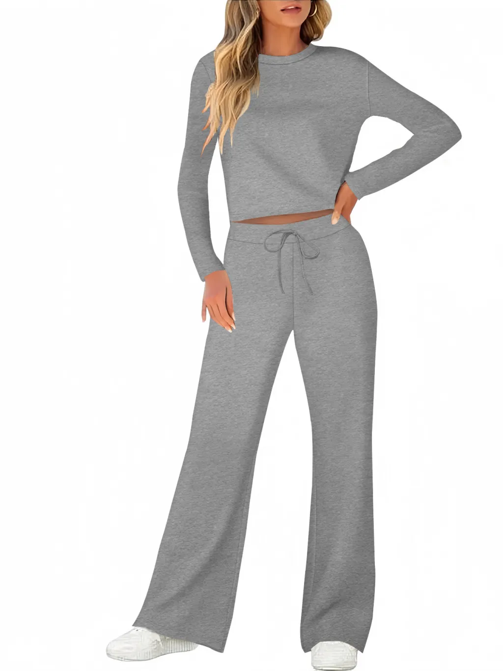 Solid Color T-shirt Round Neck Long Sleeve Trousers Suit - Light Gray