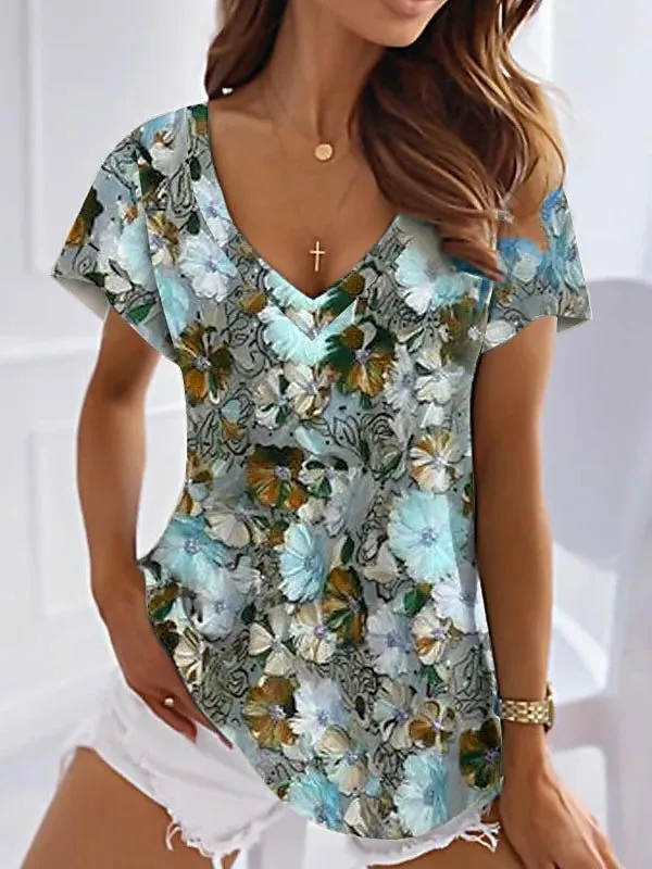 Women's T shirt Floral Pink Blue Purple Printed Short Sleeve Holiday Weekend Tunic V neck Regular Style 5Z459 - Shop at LoveMi