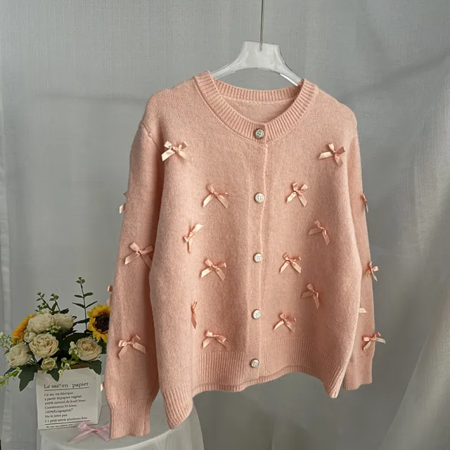 Gentle Chic Three dimensional Bow Knitted Round Neck Cardigan Sweater Pink - Shop at LoveMi