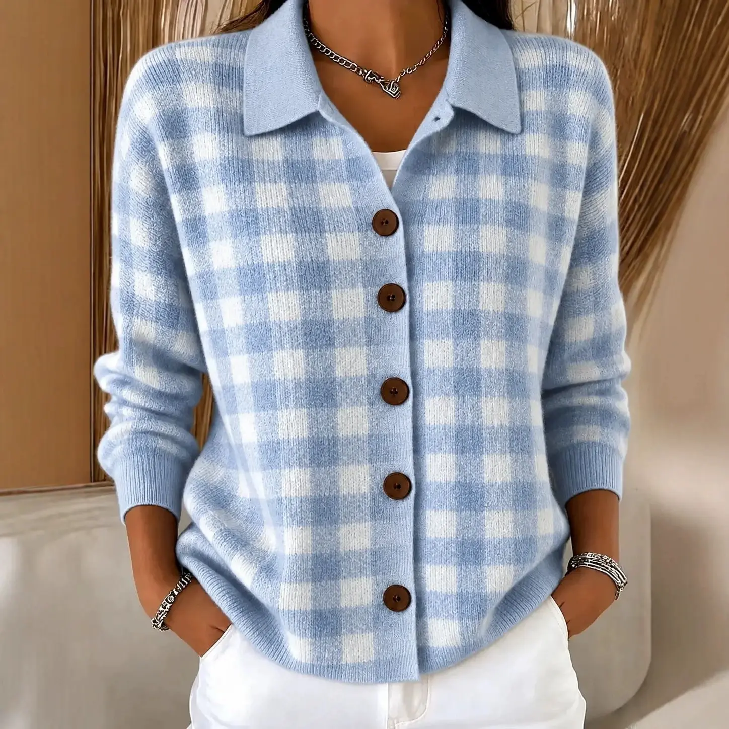 New Fallwinter Womens Loose-fit Plaid Long-sleeve Lapel