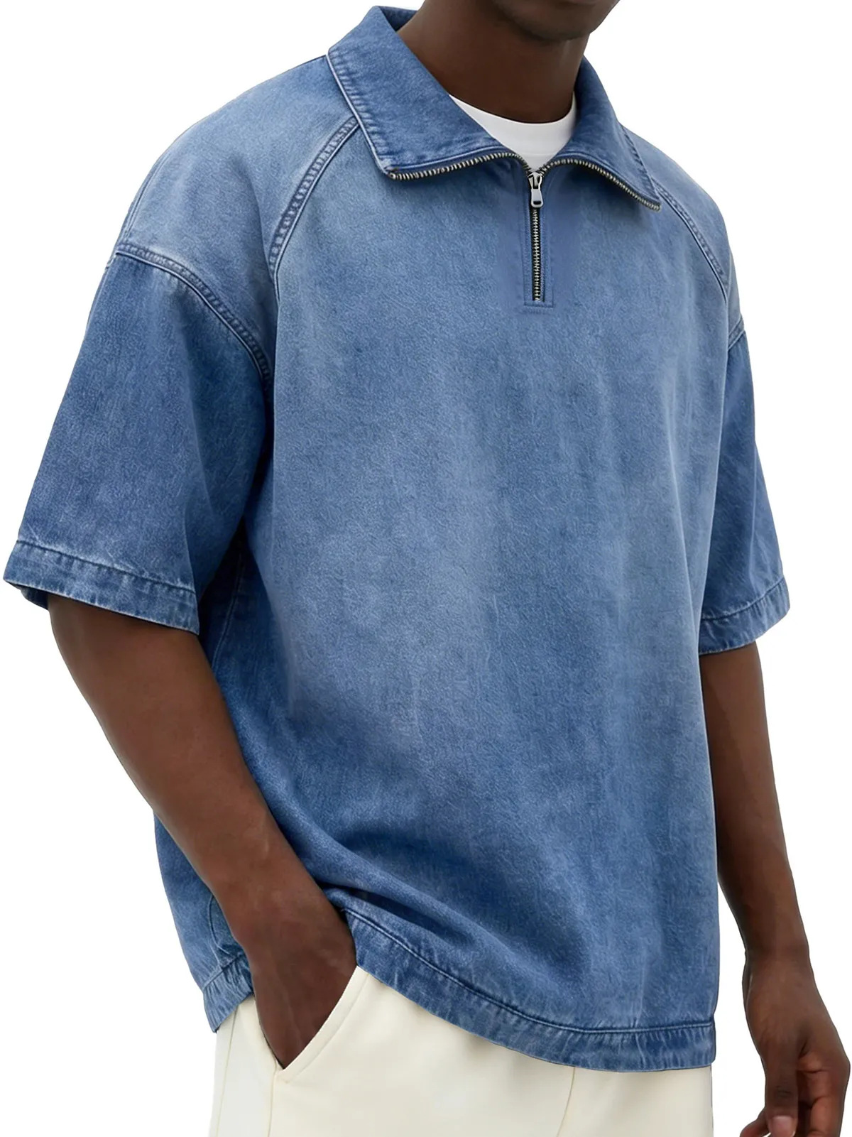 Mens Short-sleeve Lapel Zip-up T-shirt