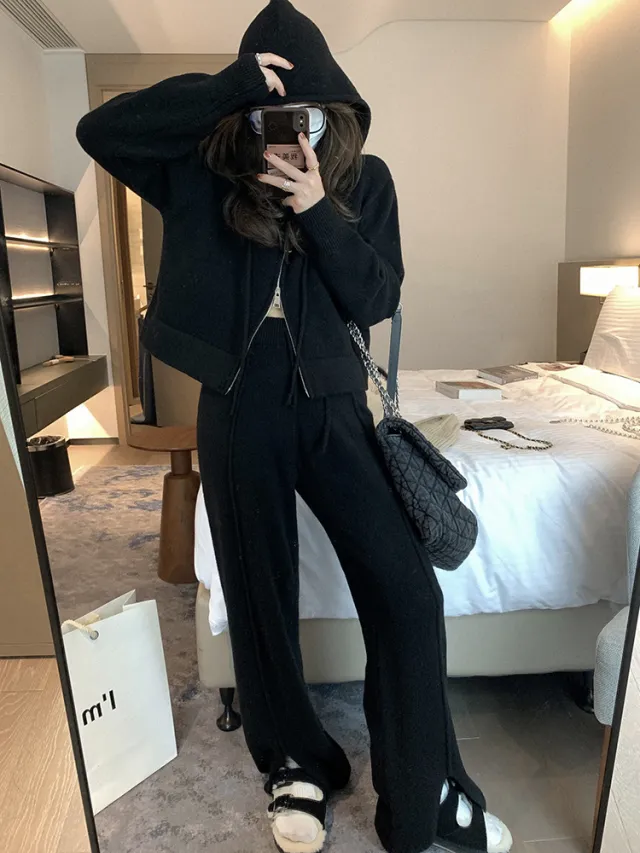 Idle Style Europe Station Hooded Sweater Cardigan Suit Black - Shop at LoveMi