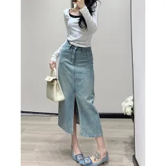 Women's Minimalist Hot Stamping Elastic Denim Skirt - Light Blue - View 1