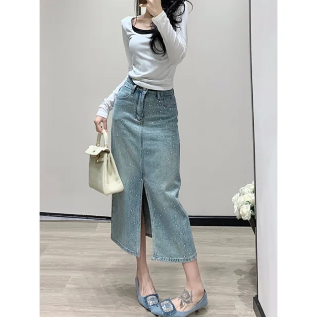 Women's Minimalist Hot Stamping Elastic Denim Skirt Light Blue - Shop at LoveMi