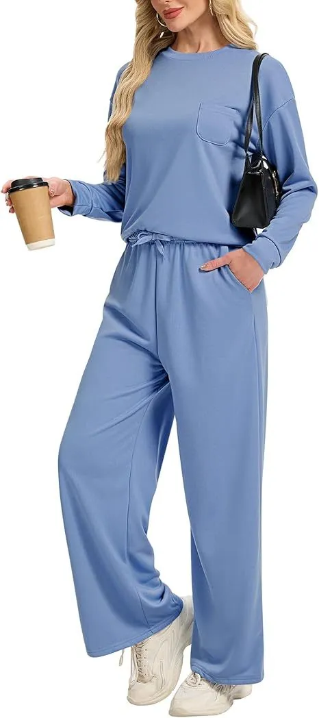 Knitted Long sleeved Top Casual Wide leg Trousers Suit Sky Blue - Shop at LoveMi