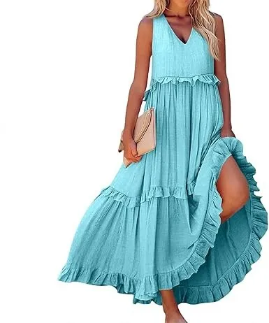 Casual V neck Pleated Loose Flowy Ruffled Dress Light Blue - Shop at LoveMi