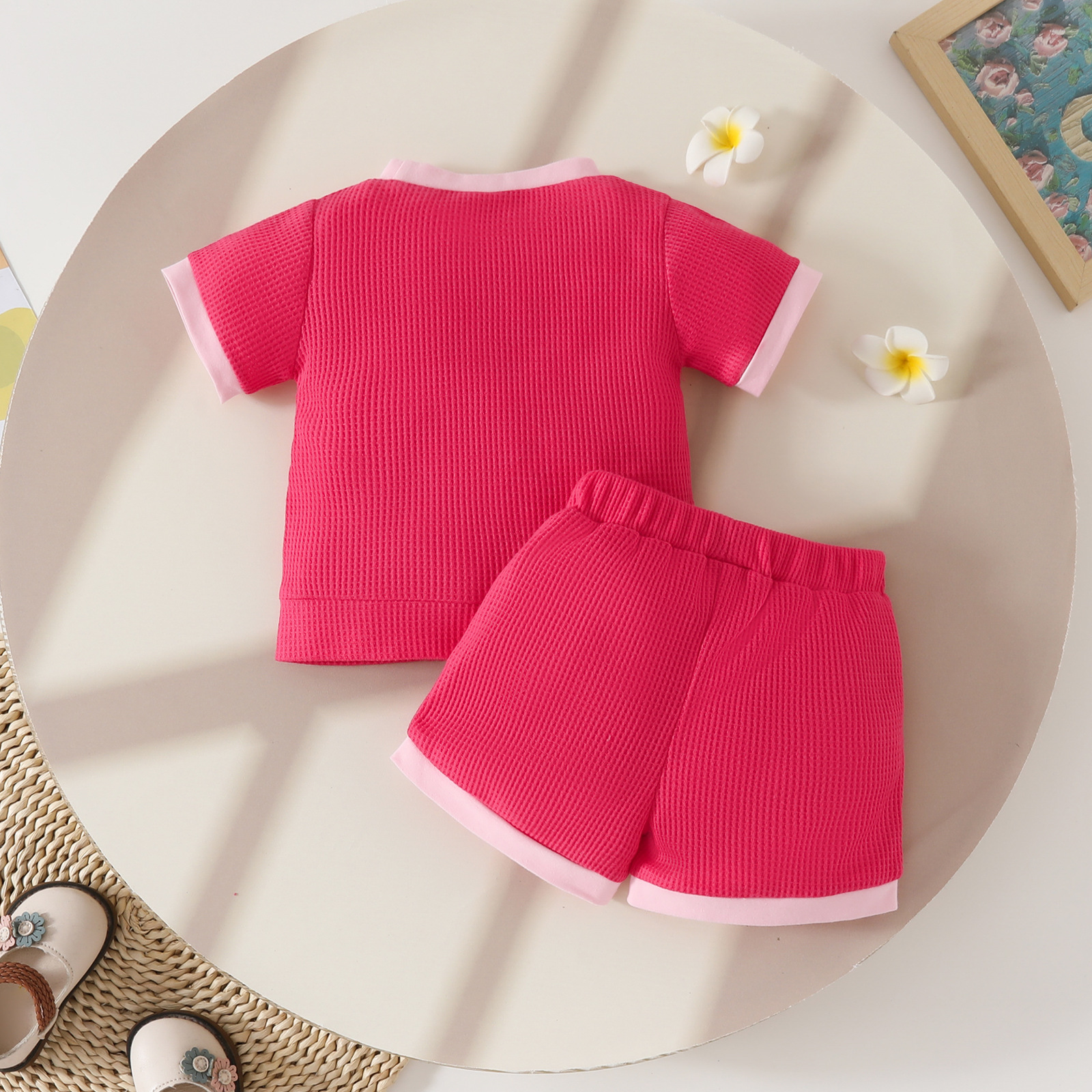 Girls Little Flower Embroidered Letter Short-Sleeve Top With Bow-Knot Shorts