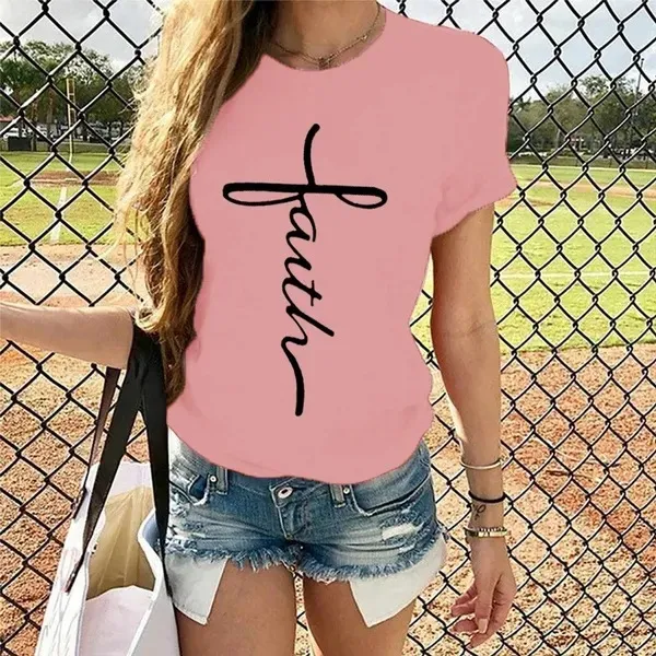 Letter Print Pattern Round Neck Short Sleeve T shirt Pink - Shop at LoveMi