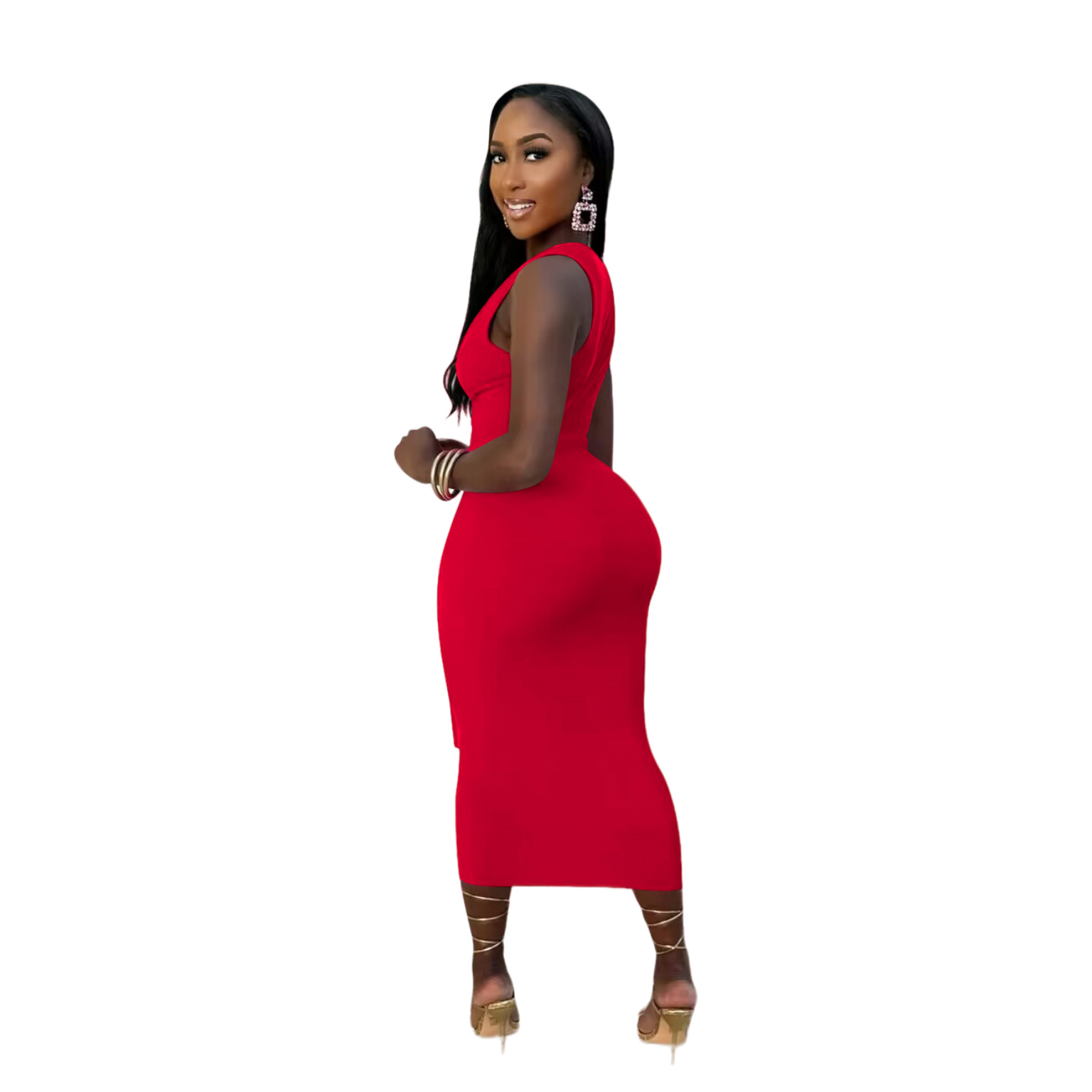 Fashionable V-neck Solid-color Long Dress 88f88997 D6e2 48c6 83c9 564e184c7e7b