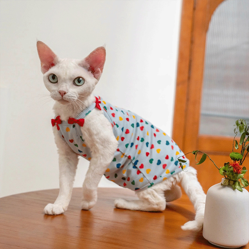 Camiseta sin mangas de verano para gatos Sphynx con estampado de corazones y detalles de lazos. Ropa elástica, cómoda y agradable al tacto para gatos sin pelo.