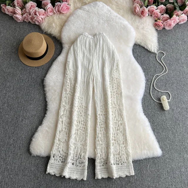 Trendy Retro Hollow out Sheer High waist Loose Wide leg Pants White - Shop at LoveMi