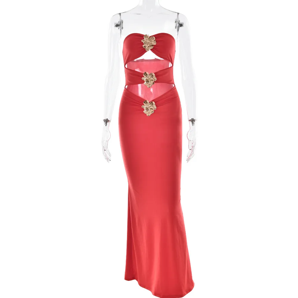 Sexy Tube Top Backless Hollow-out Tight Dress - Red