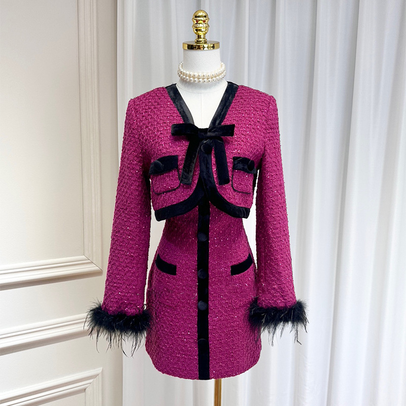 Contrast Color Fur Sleeve Classic Style Cropped Coat Top Suspender Skirt Dress