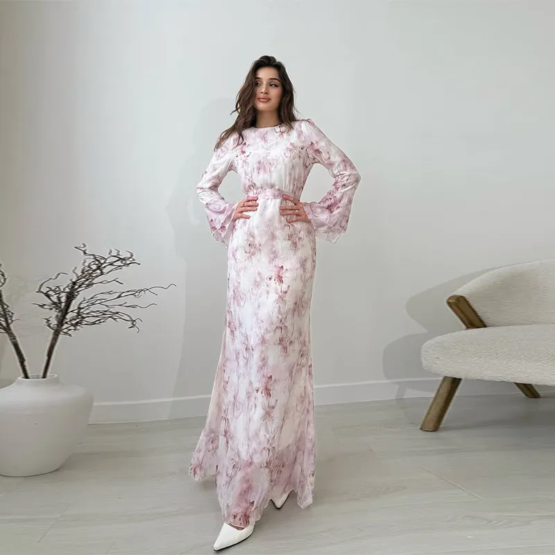 Round-neck Comfortable Elegant Slimming Printed Long Sleeve Dress - Red
