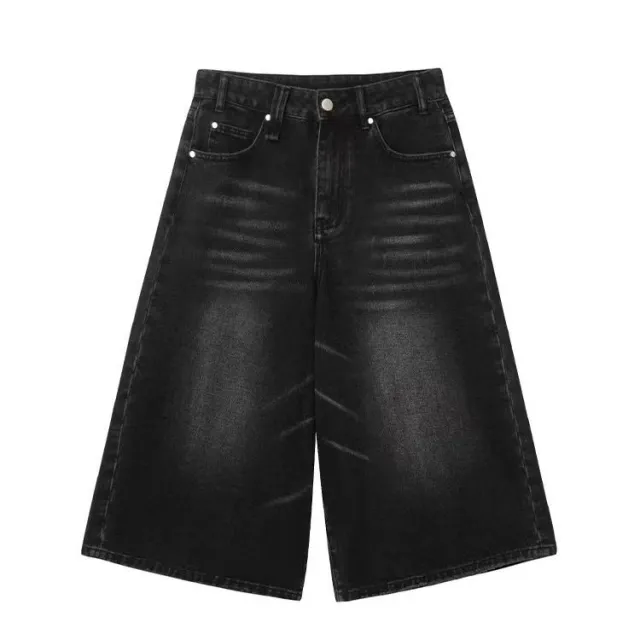 High Waist Wide Leg Cropped Denim Shorts Black Washed - Shop at LoveMi