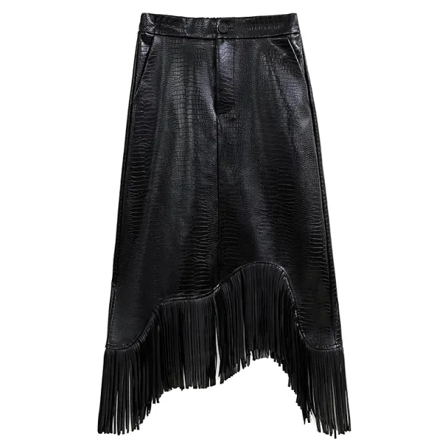 Dark Style Asymmetric Tassel Leather Skirt Women Black - Shop at LoveMi