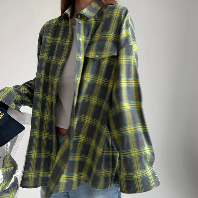 Retro Lapels Loose Shirt Plaid Long Sleeve Pocket Women's Shirt - Green