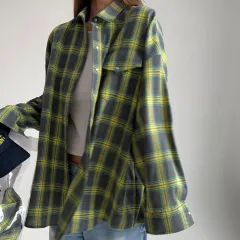 Retro Lapels Loose Shirt Plaid Long Sleeve Pocket Women's Shirt - Green - View 1