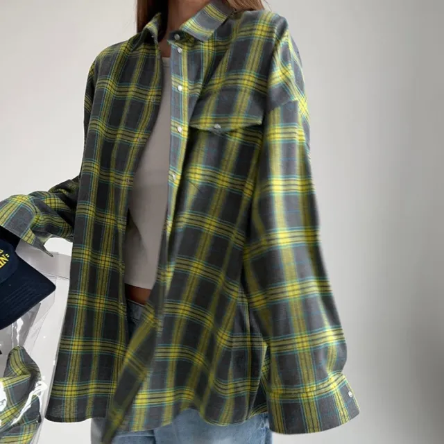 Retro Lapels Loose Shirt Plaid Long Sleeve Pocket Women's Shirt Green - Shop at LoveMi