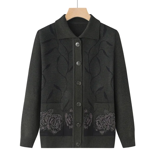Spring And Autumn Elderly Lapel Thin Sweater Pickle Color - Shop at LoveMi
