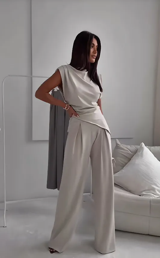 Women's Sleeveless Suit Fashion Slim Irregular Split Top And Straight Pants Solid Trouser Set - White