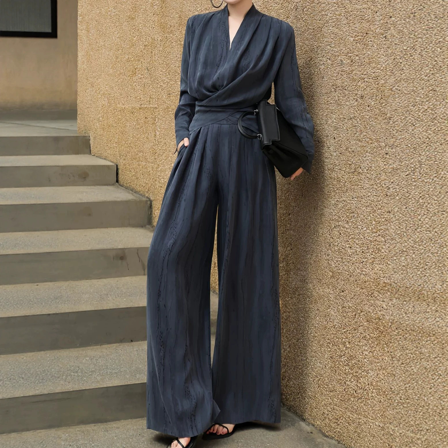 Womens Fashionable Slim-Fit V-Neck Top And Waist-Cinching Wide-Leg Pants Set