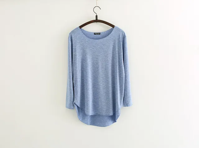 Korean style Loose Large Size Modal Slub Cotton Long sleeved T shirt Female Student Front Short Back Long Bottoming Shirt Light Denim Blue - Shop at LoveMi