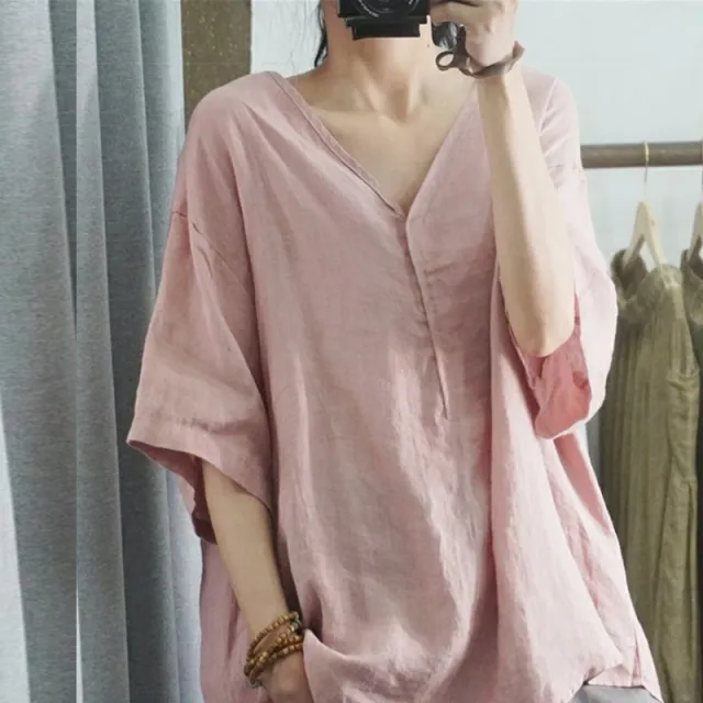Half sleeved Casual Loose fitting Plus Size V neck Top T shirt With Short Sleeves Pink - Shop at LoveMi