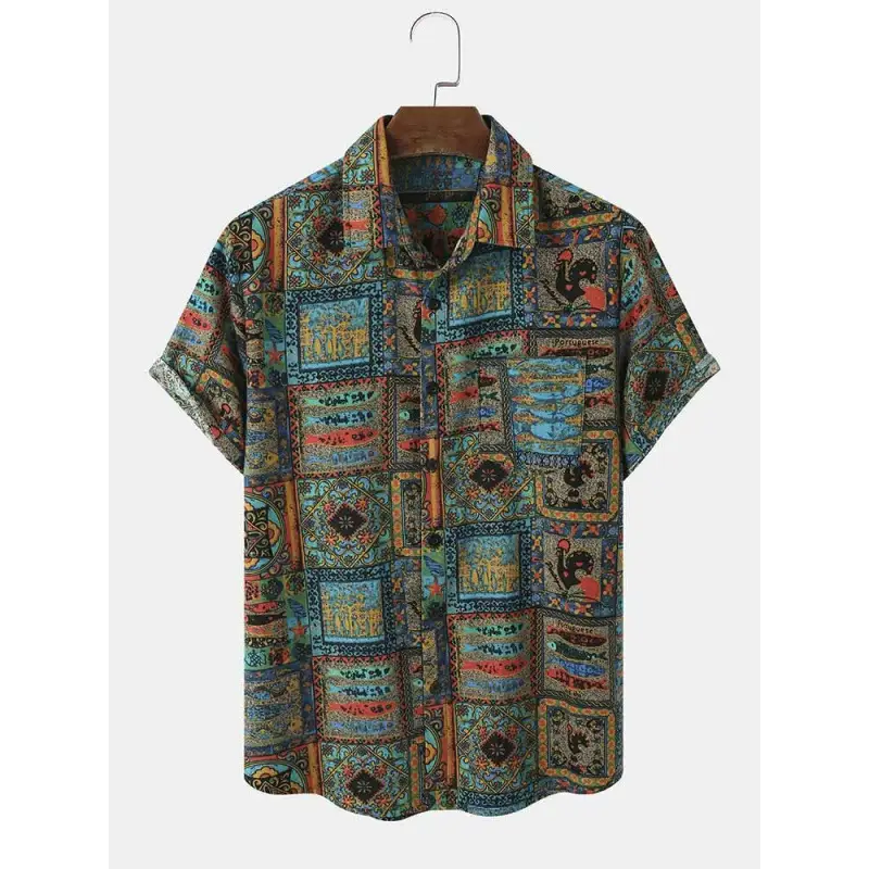 Ethnic-Style Tribal Animal-Print Short-Sleeve Shirt