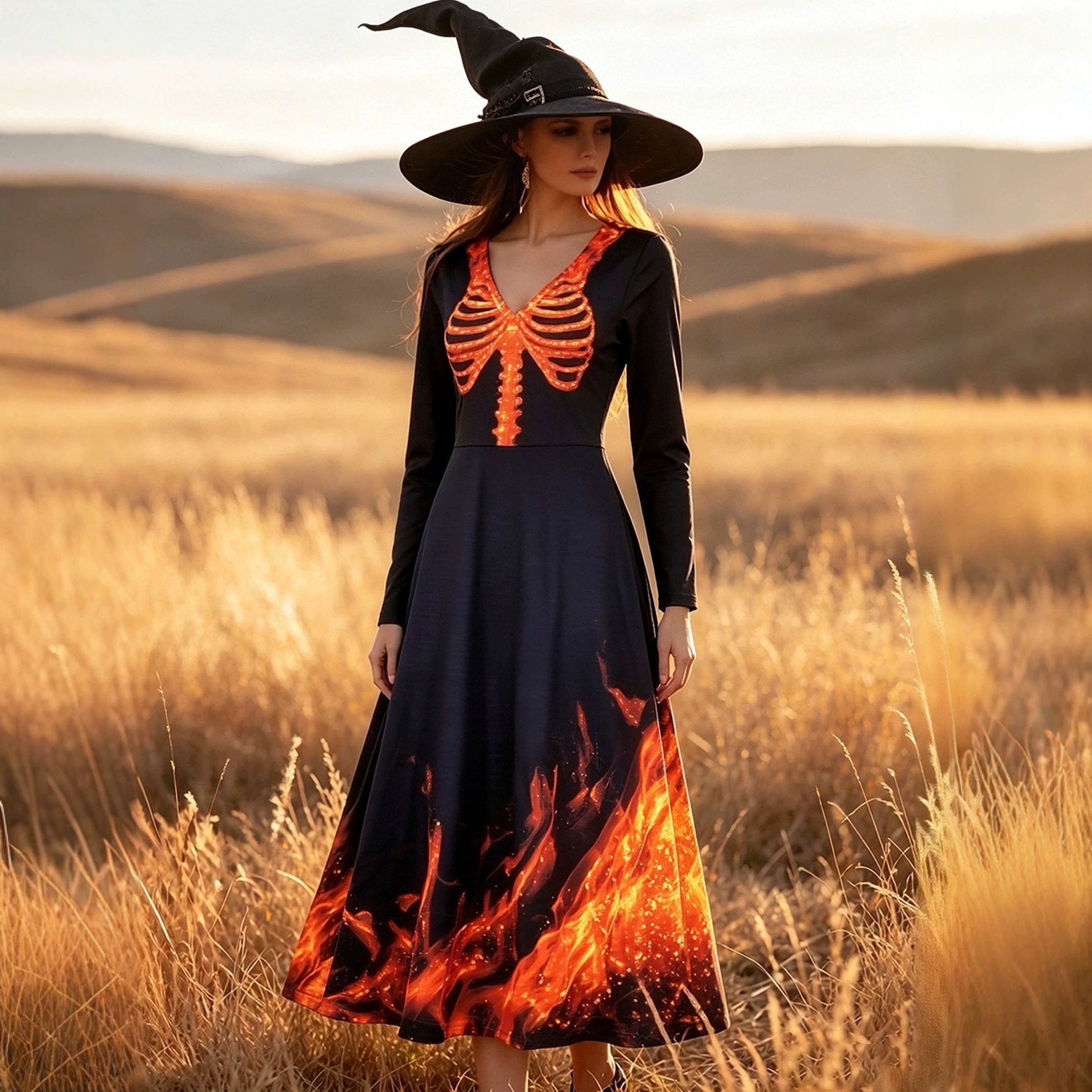 Women's Halloween Skull-Print Long-Sleeve Dress