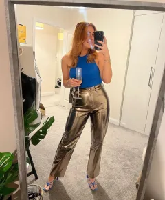 Autumn And Winter New Fashion Bright PU Leather Pocket Loose Zip Women's Casual Pants - Gold - View 1