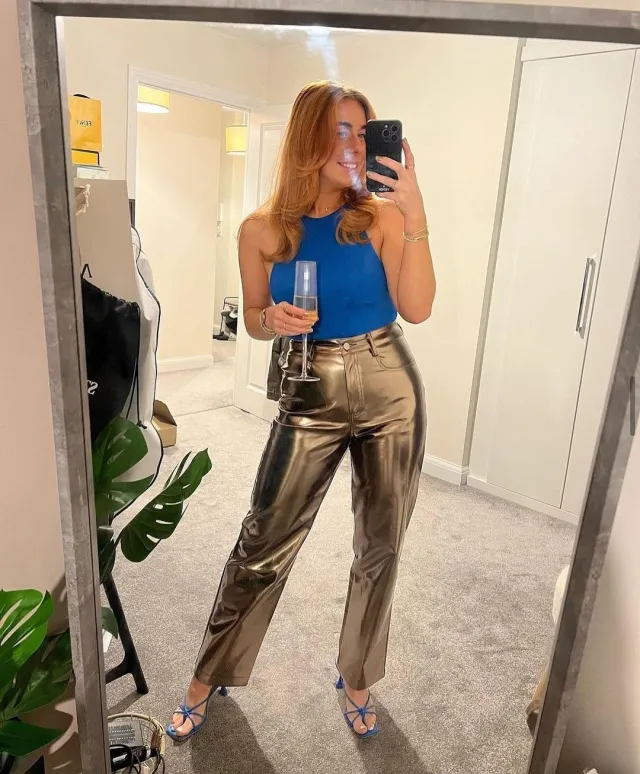 Autumn And Winter New Fashion Bright PU Leather Pocket Loose Zip Women's Casual Pants Gold - Shop at LoveMi