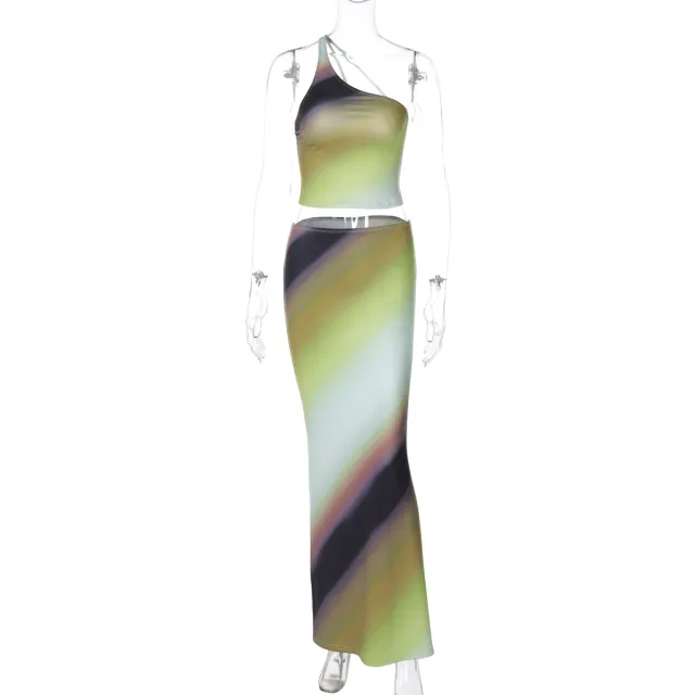 Female Gradient Color One Shoulder Backless Casual Slim Fit Long Dress Suit Green - Shop at LoveMi