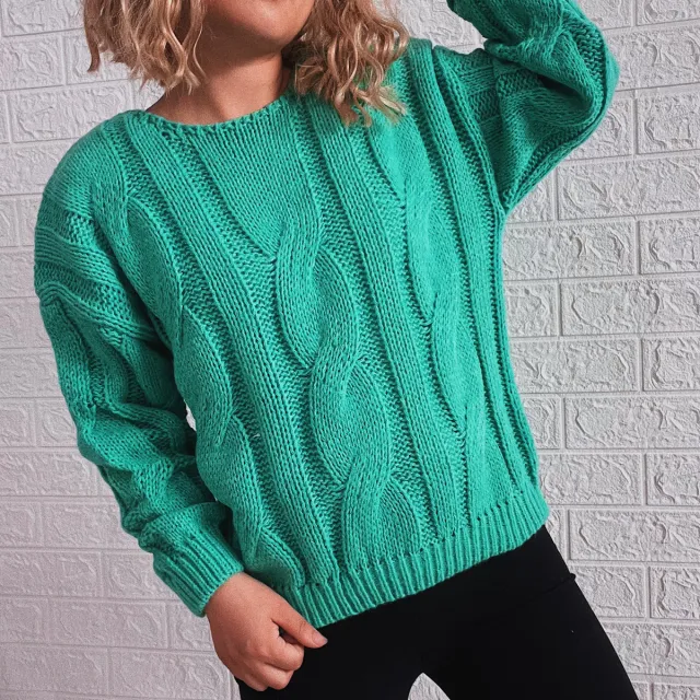 Round Neck Long Sleeve Large Hemp Flowers Sweater Green - Shop at LoveMi