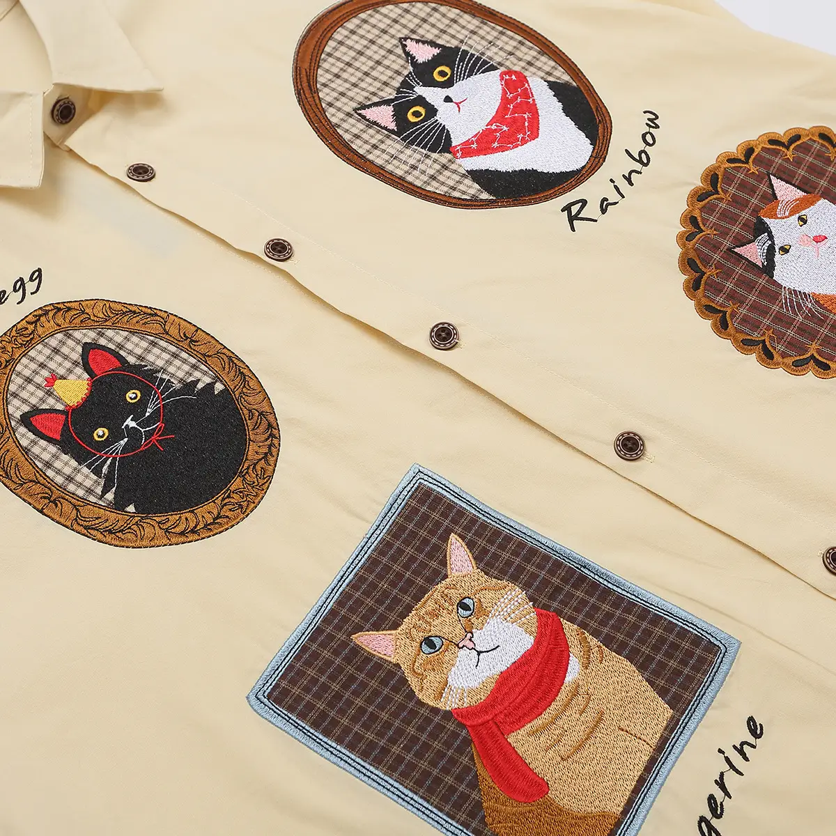 Antique Style Embroidered Cat Lazy Shirt Short Sleeve