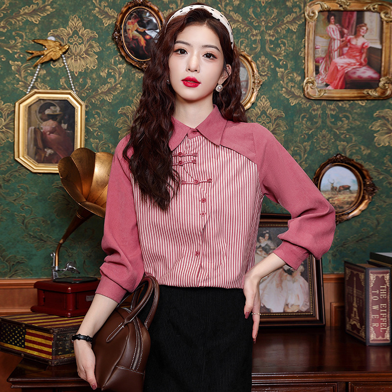 Women's Retro Fake Two-piece Long-sleeved Shirt