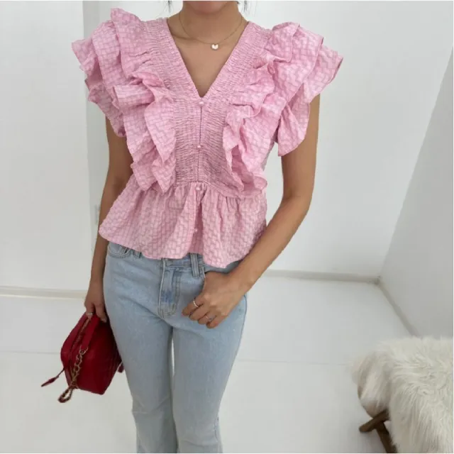 V neck Ruffled Sleeve Shirt For Women Pink - Shop at LoveMi