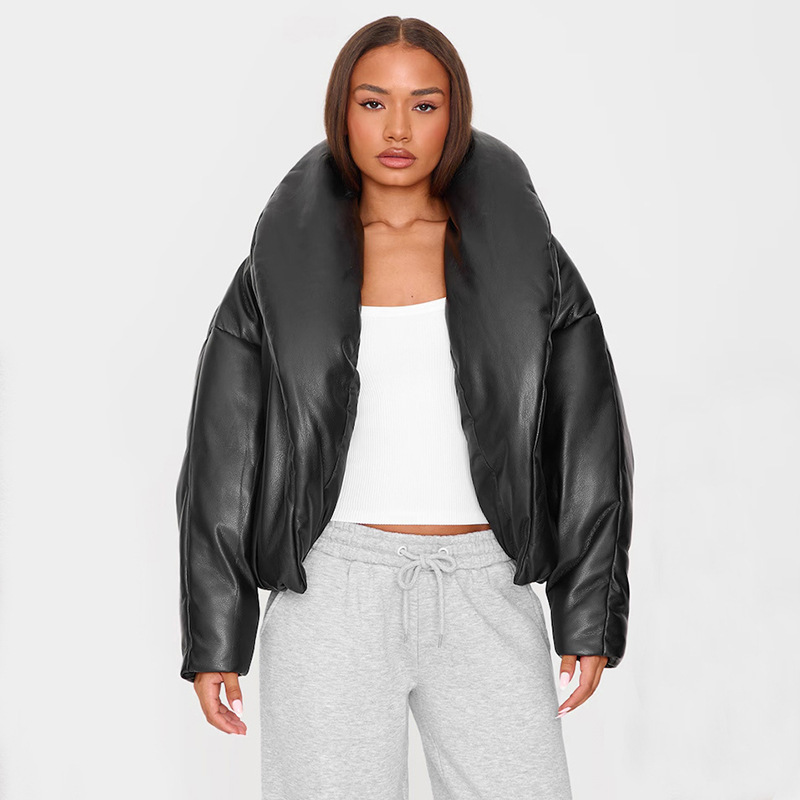 Women's Fashionable Leather-Style Loose Cotton-Padded Jacket