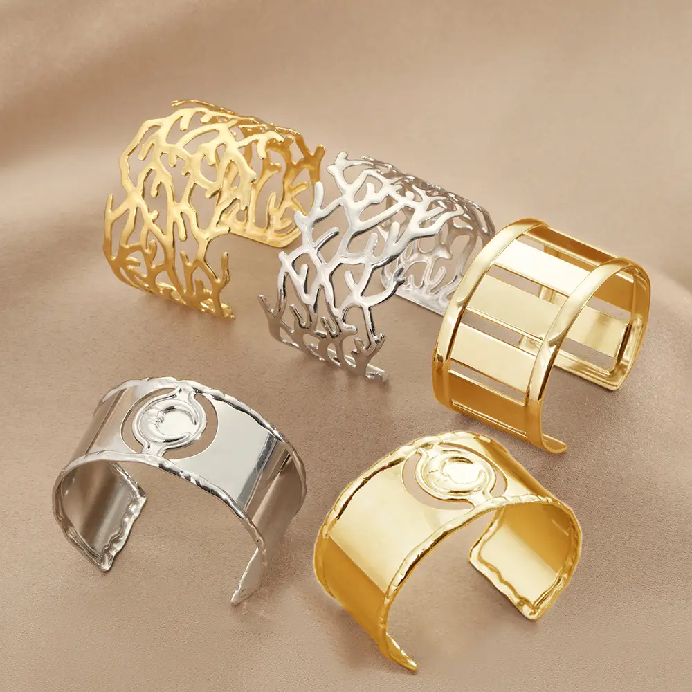 Wide Surface Stainless Steel Bracelet Exaggerated Opening Hollow